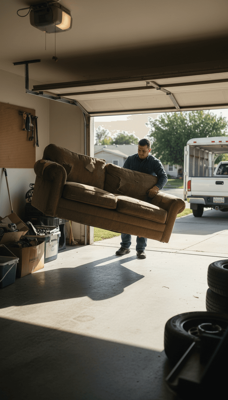 Worker hauling an old couch out of a Redding home