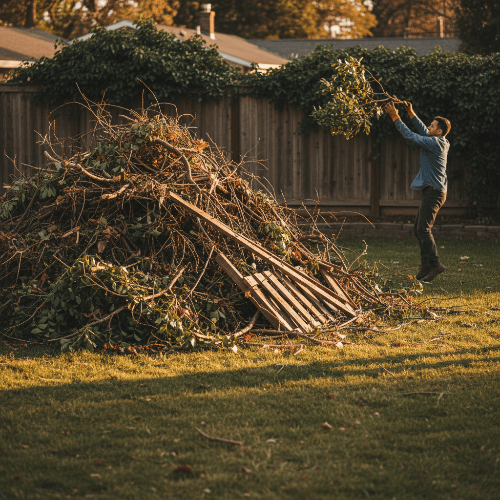 Pile of branches and yard waste on a lawn next to a fence