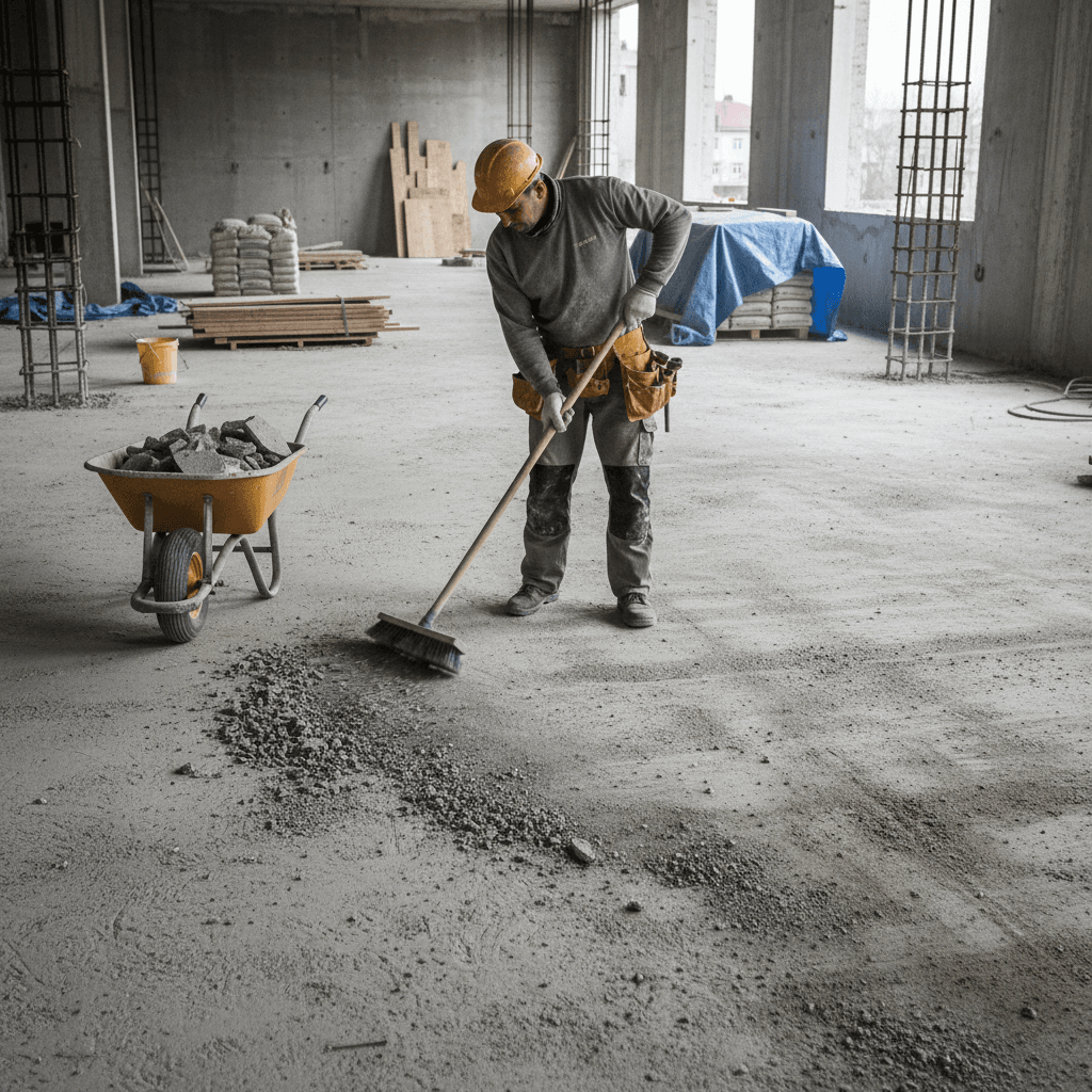 Worker sweeping construction debris on a bare concrete floor