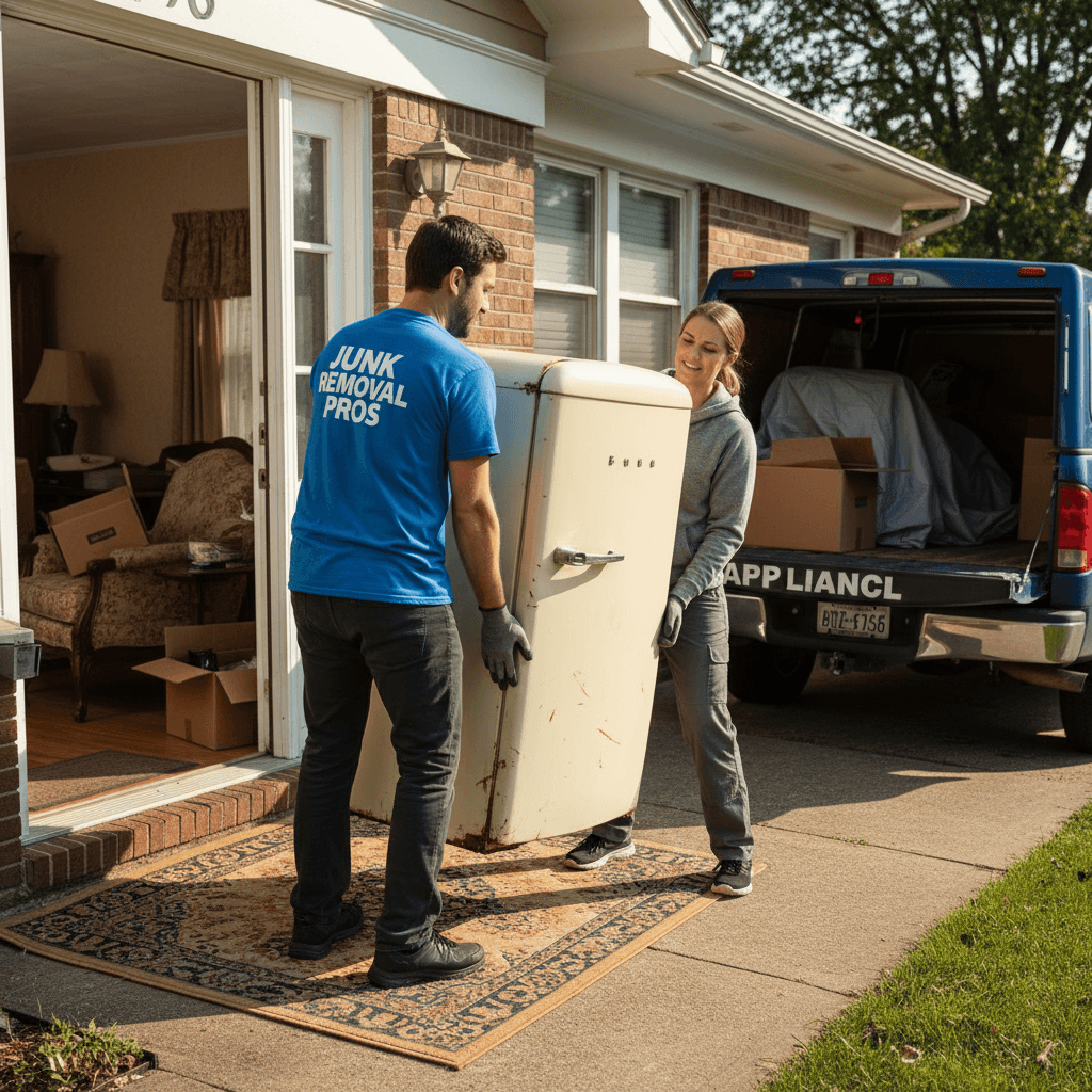Two movers carrying an old refrigerator out of a home