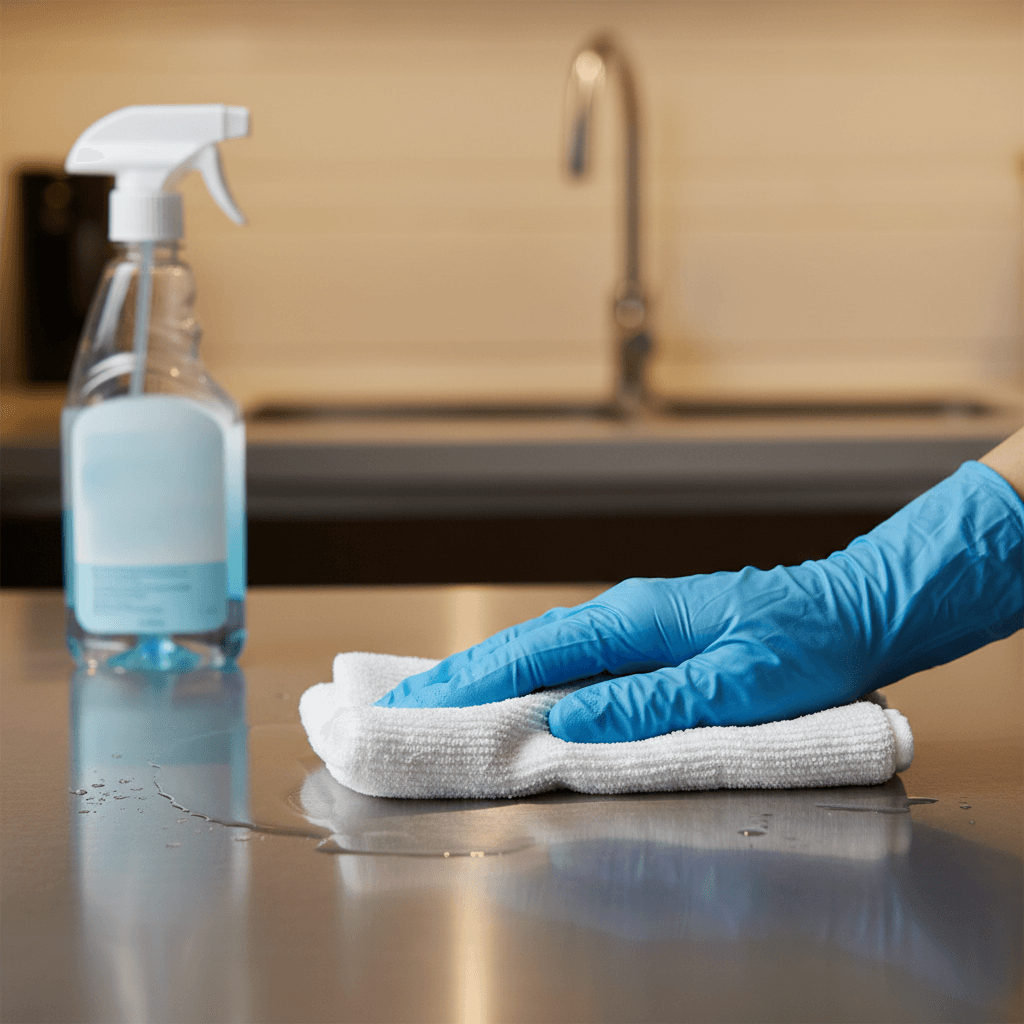 Cleaner wiping a kitchen counter with a cloth and spray bottle