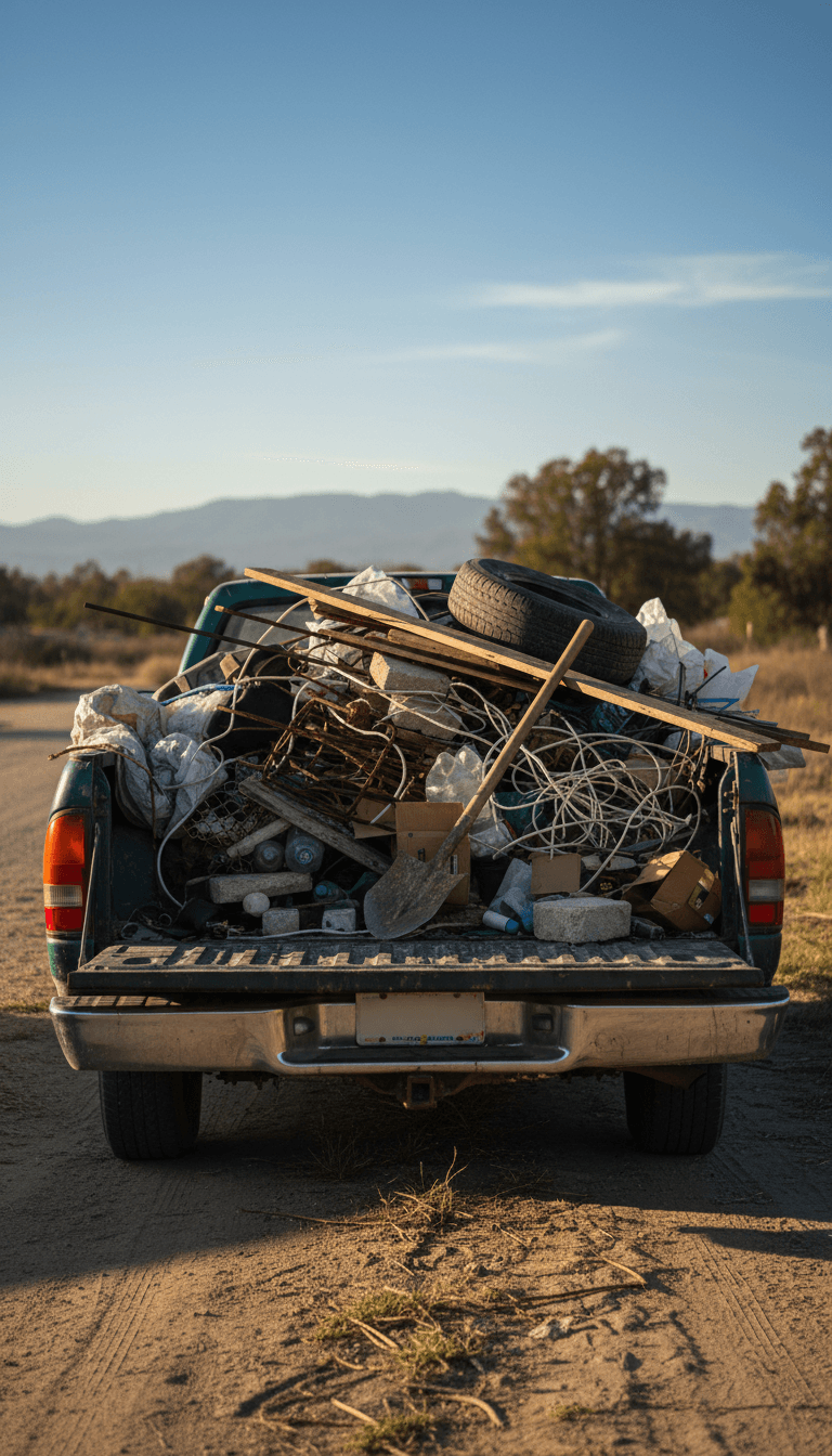 Pickup truck loaded with junk ready for hauling