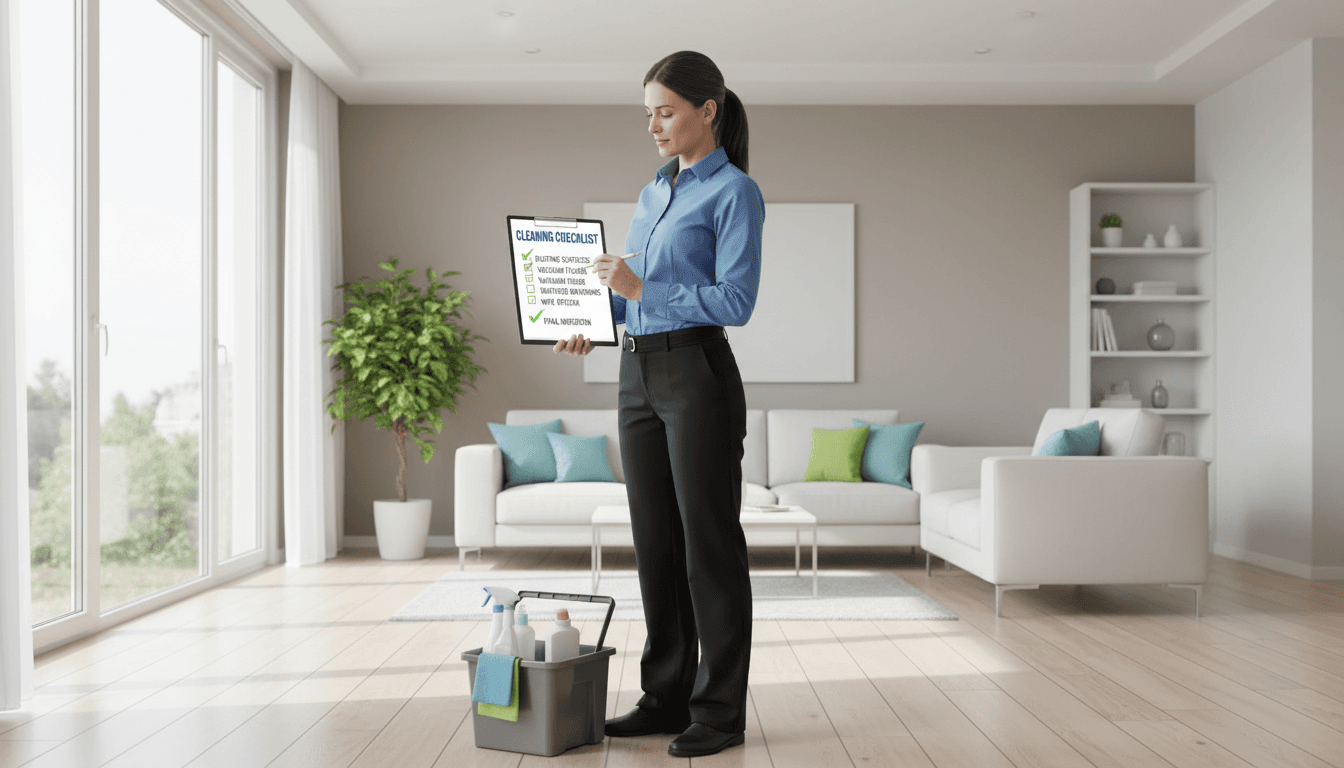 Professional cleaner with clipboard reviewing cleaning checklist in bright home