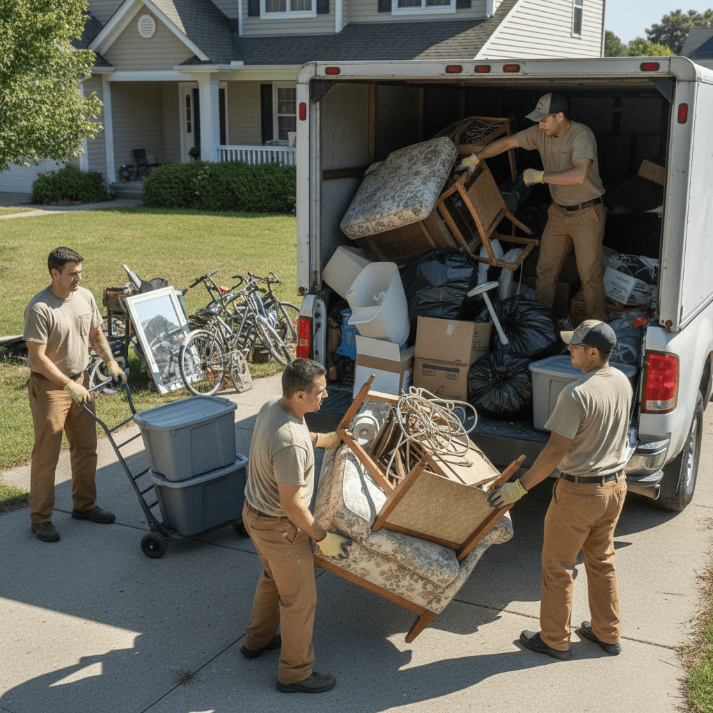 Junk removal worker loading old furniture into a truck