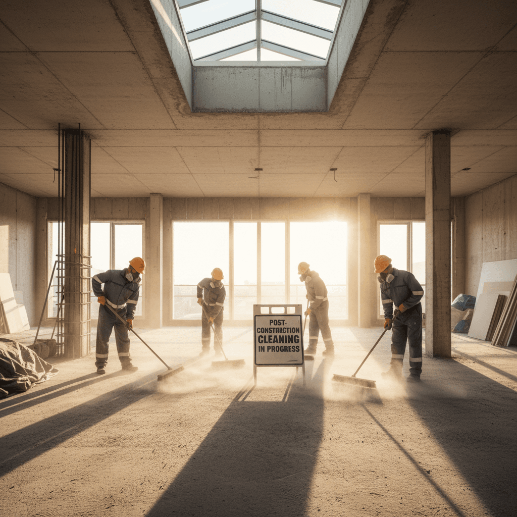 Professional cleaning crew sweeping a dusty construction site in Redding