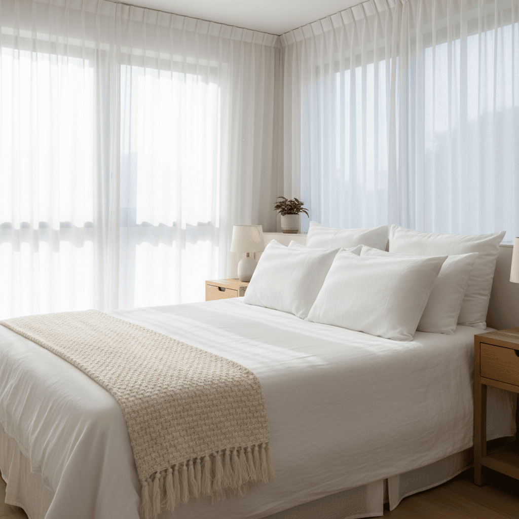 Freshly made bed in a bright vacation rental bedroom