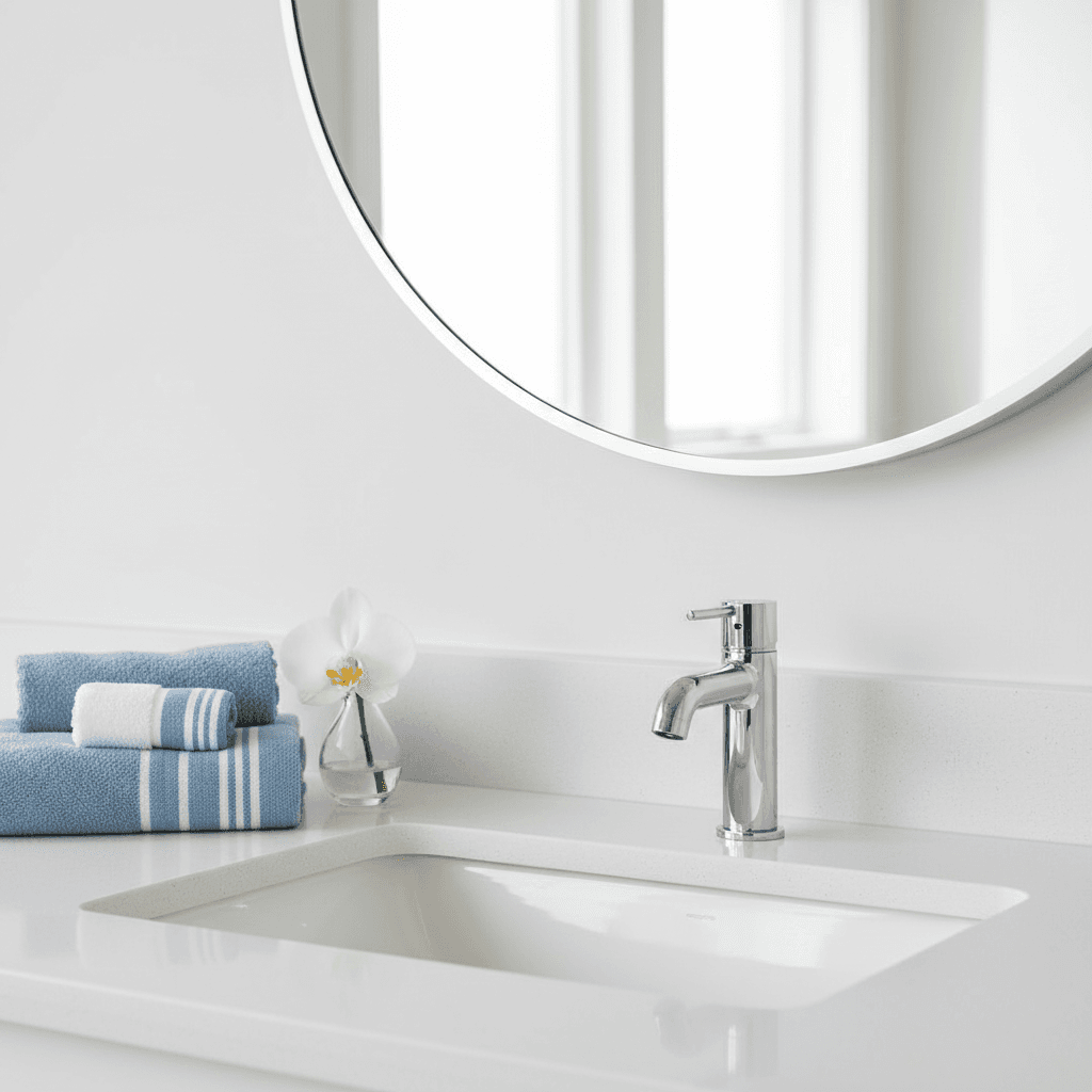 Spotless white bathroom sink and mirror with neatly folded towels