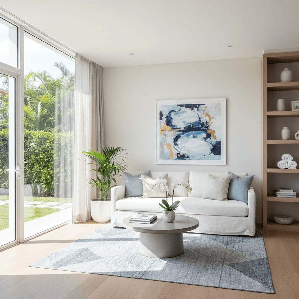 Bright vacation rental living room cleaned and staged for guests