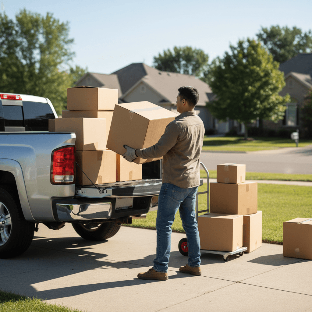 Worker loading boxes into the back of a pickup truck