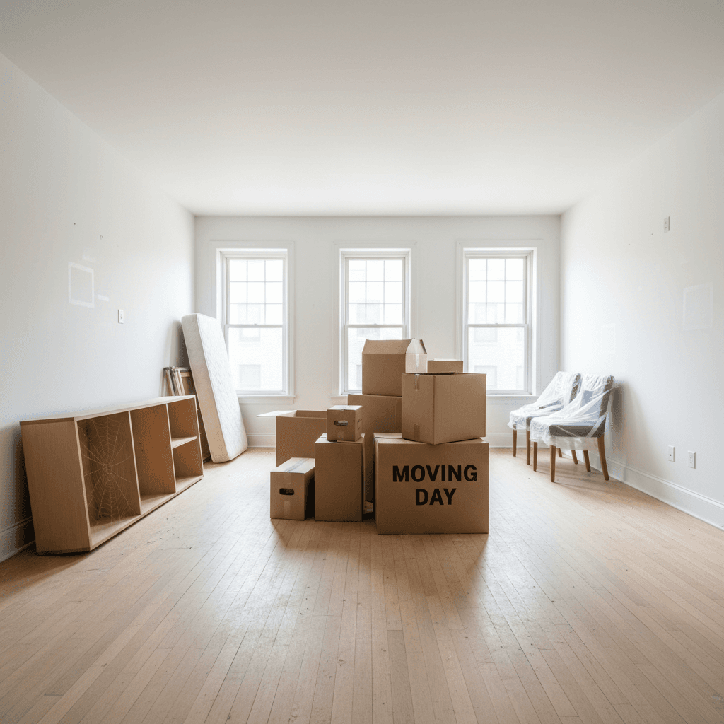 Empty room with cardboard boxes and furniture ready for hauling