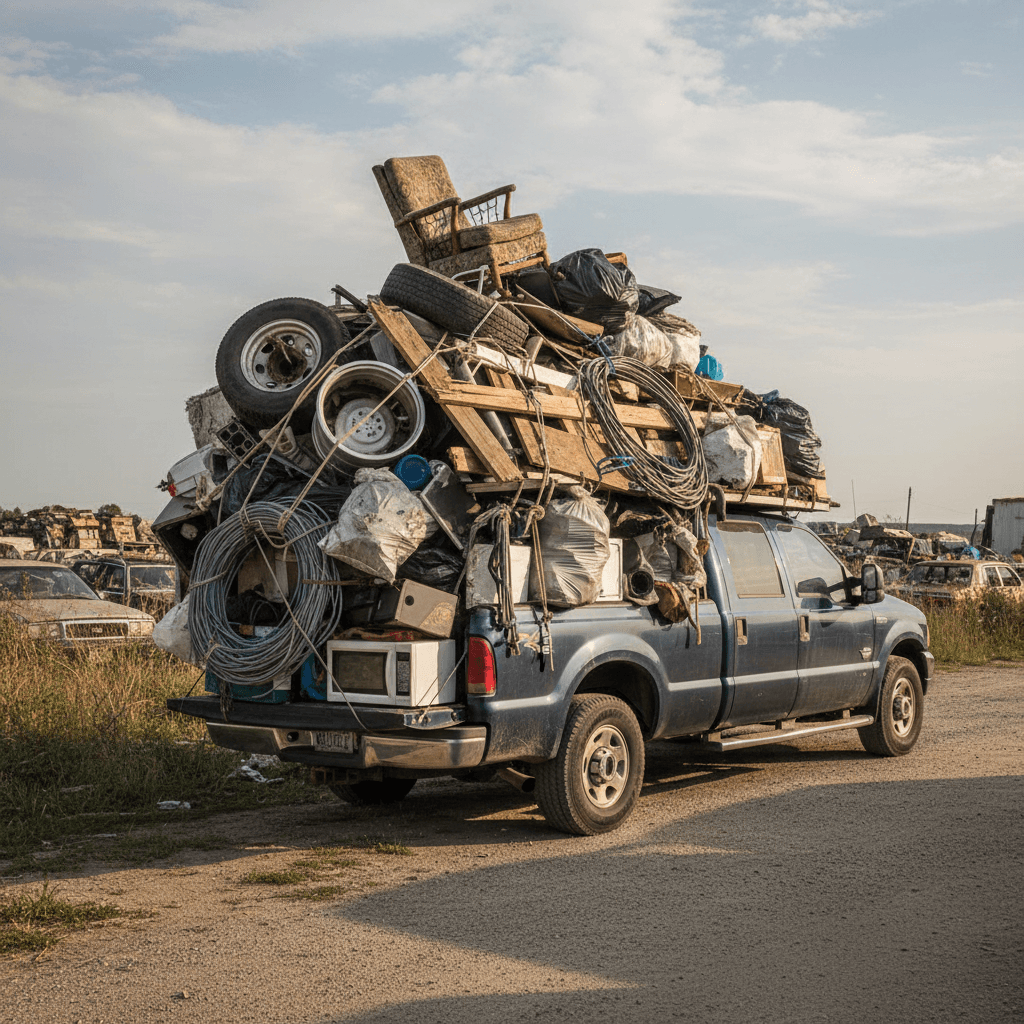 Large pickup truck loaded with bulky junk and debris