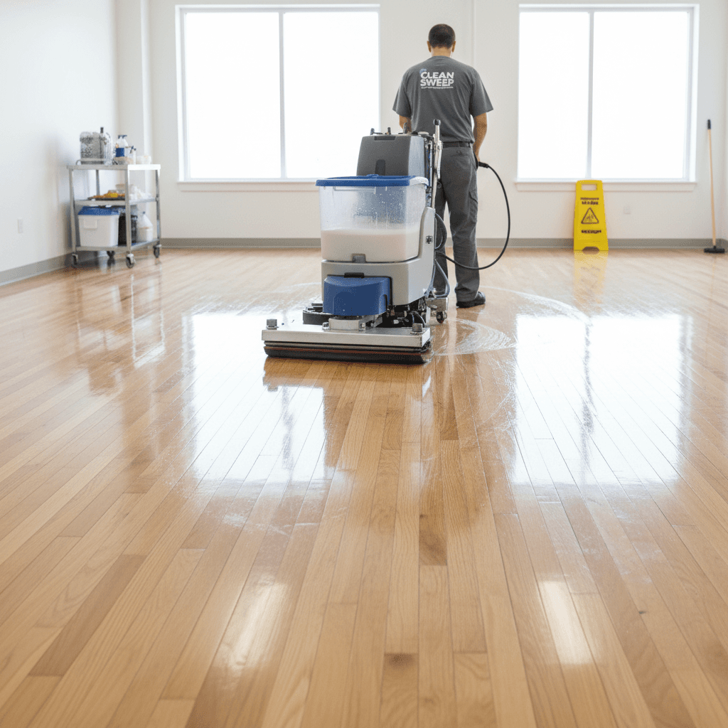 Hardwood floor being mopped with a professional mop