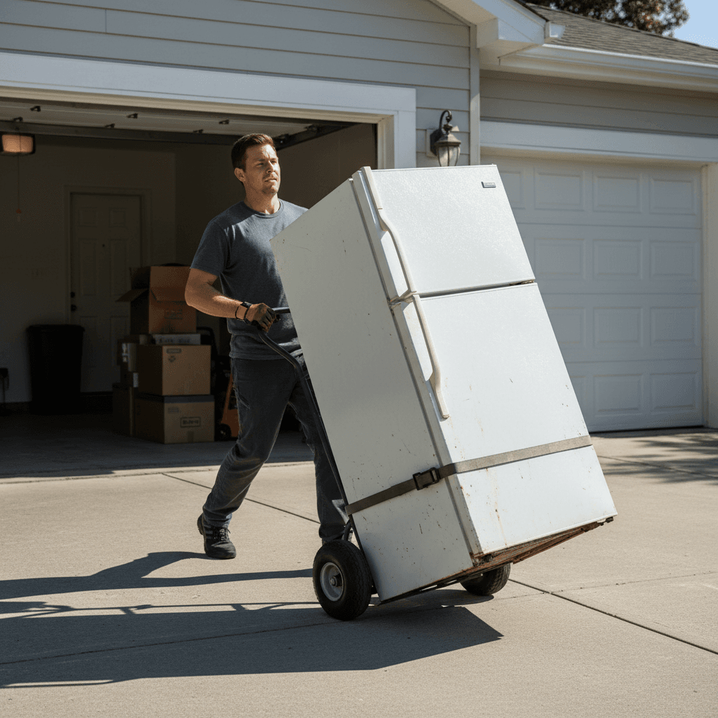 Worker using a dolly to move an old refrigerator down a driveway