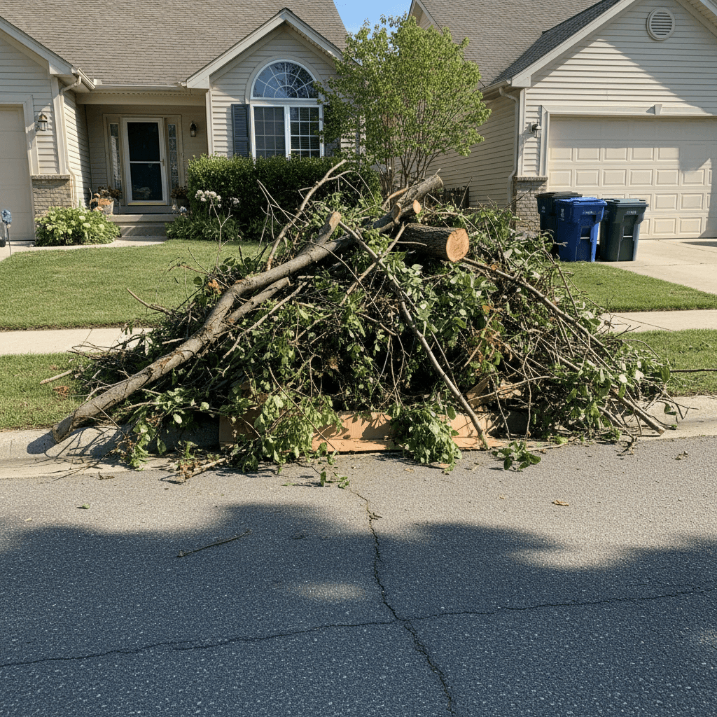 Stack of cut tree branches and yard waste ready for pickup