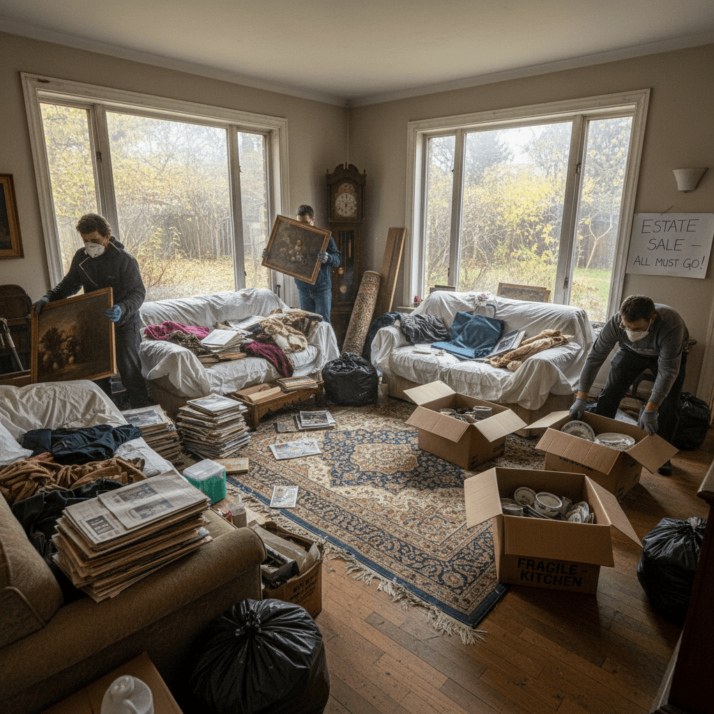 Cluttered living room with furniture and boxes during an estate cleanout