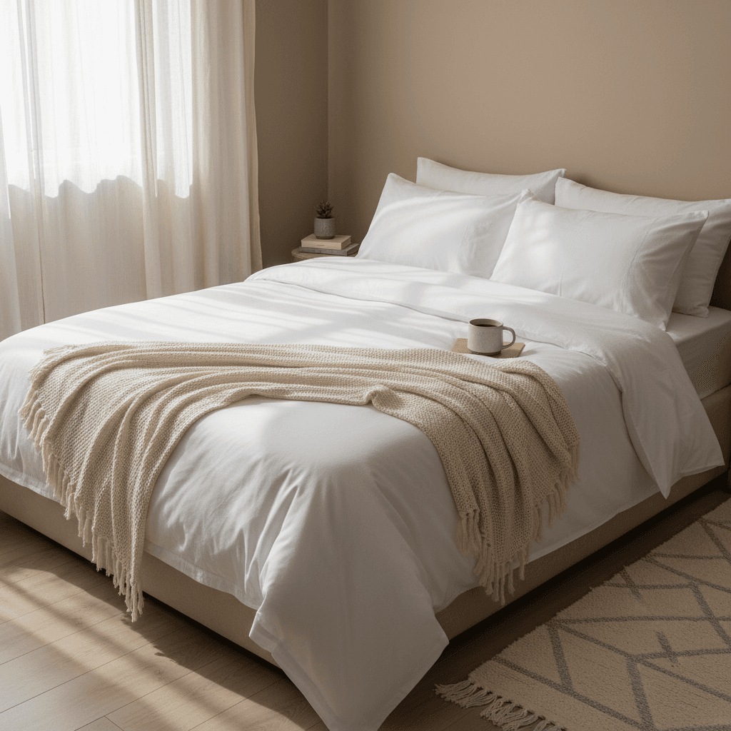 Freshly made bed with white linens in a bright vacation rental bedroom