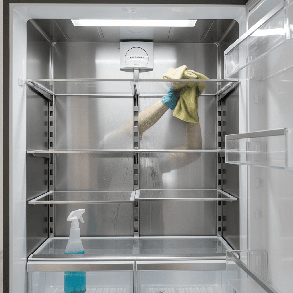 Cleaner wiping the inside of an open refrigerator