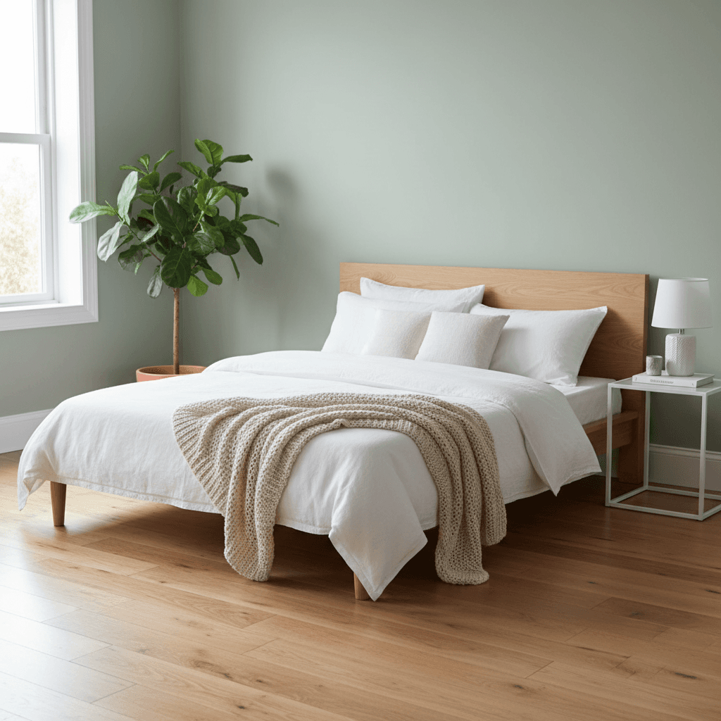 Spotless bedroom with crisp white bedding and clean baseboards