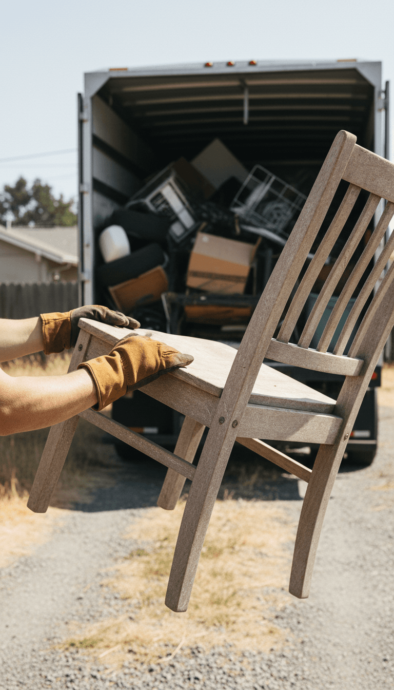 Worker loading a chair onto a junk removal truck in Redding