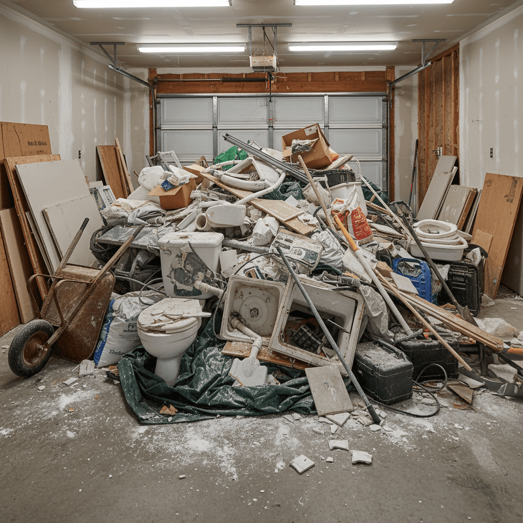 Pile of construction debris and remodel waste in a home garage