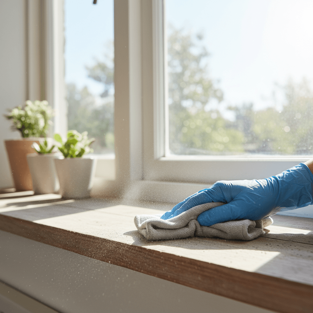 Gloved hand wiping dust from a window sill in a bright room