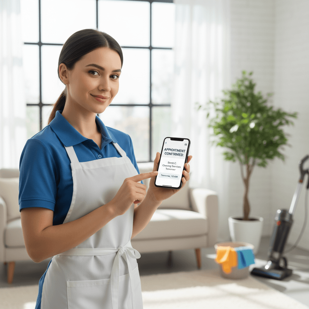 Professional cleaner looking at phone while planning a cleaning schedule
