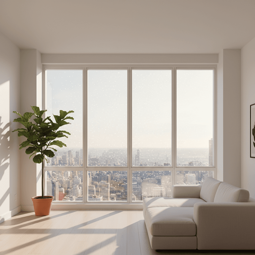 Large window with sparkling clean glass in a bright apartment