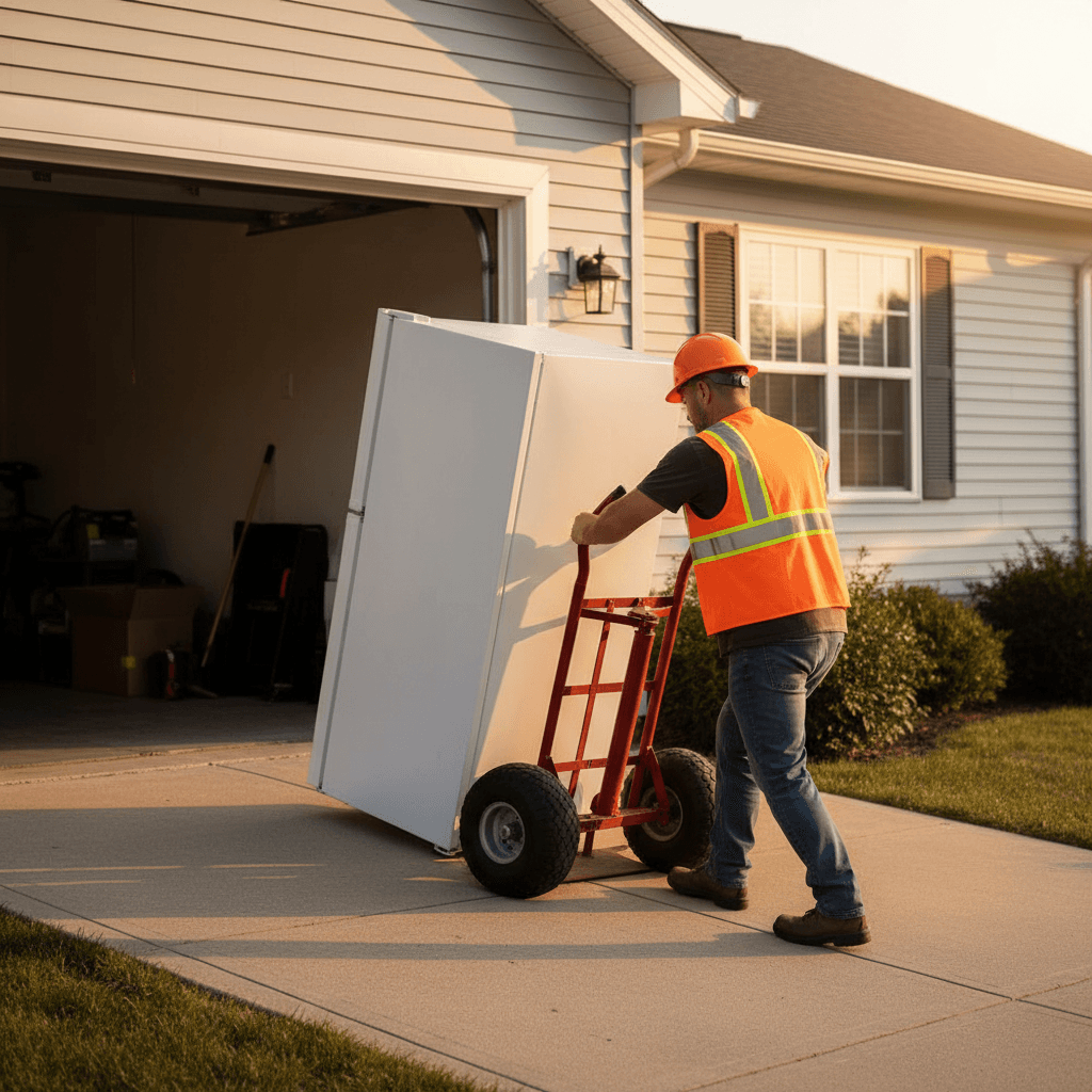 Worker wheeling a refrigerator out of a garage