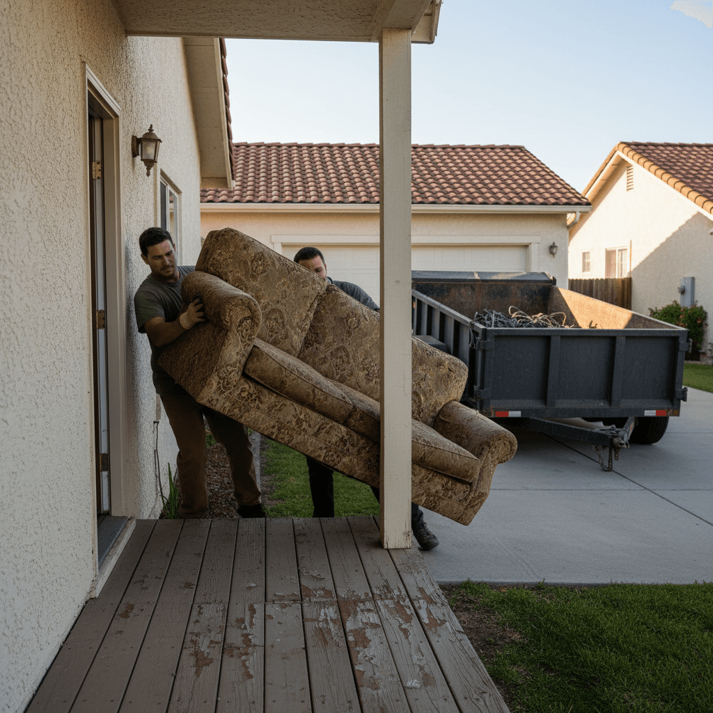Two movers carrying an old sofa out of a house to a hauling trailer