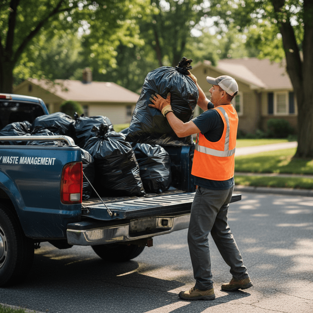 Worker loading trash bags into a pickup truck bed