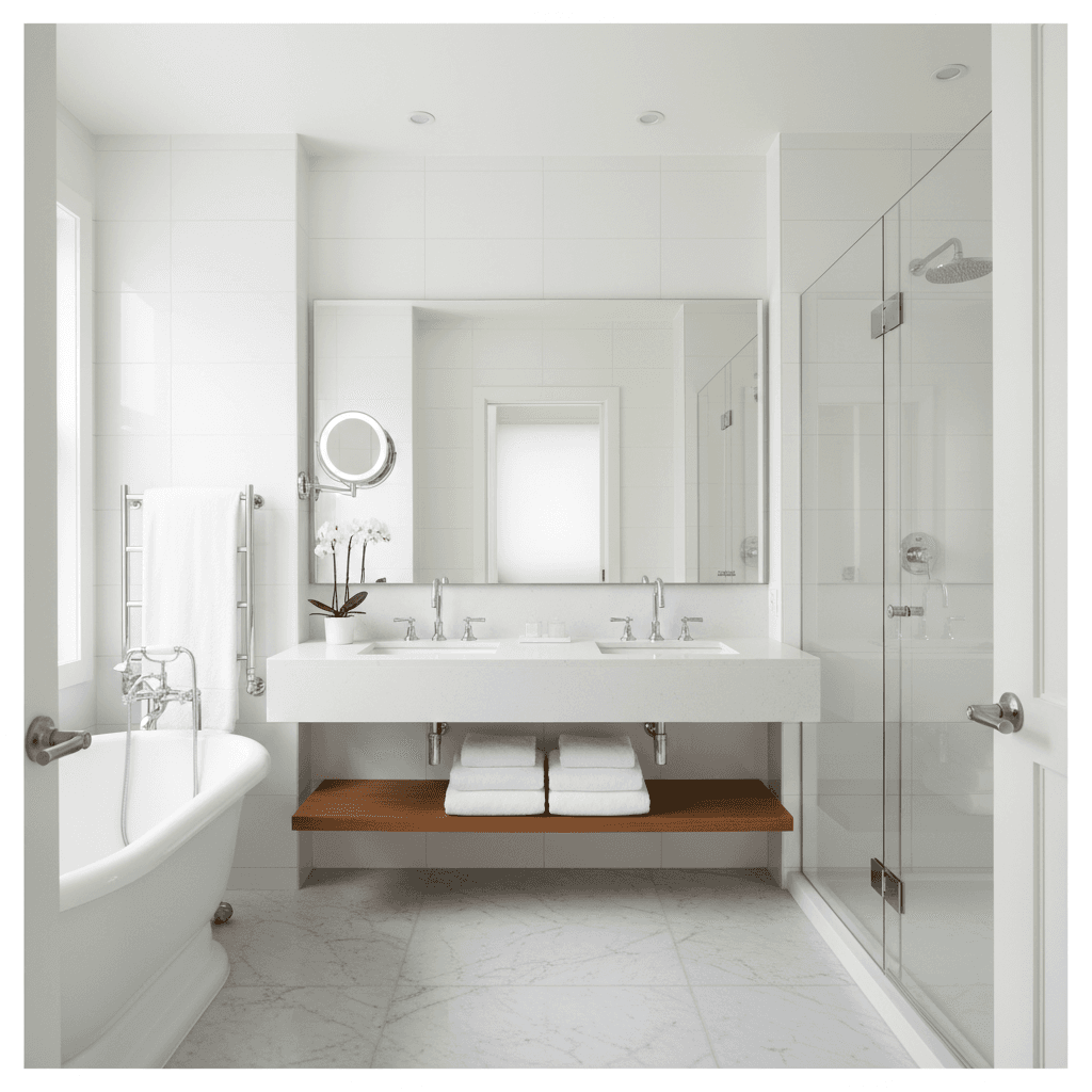 Spotless white bathroom with folded towels and polished chrome fixtures