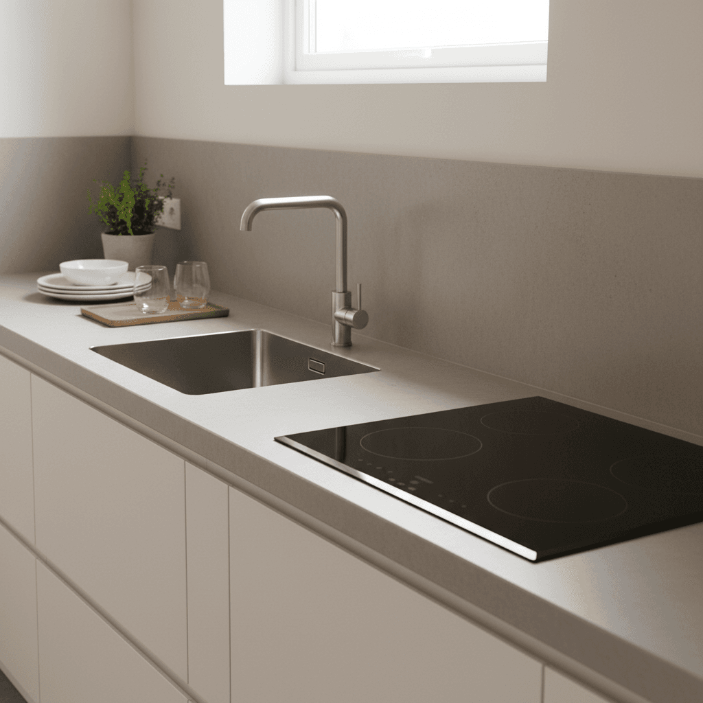 Clean modern kitchen countertop with shiny sink and neatly wiped stove