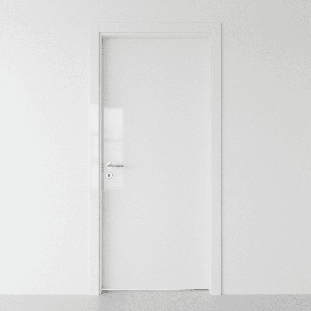 Spotless white interior door with clean frame and shiny handle