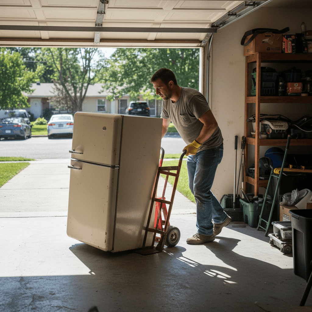 Worker wheeling an old refrigerator out of a garage