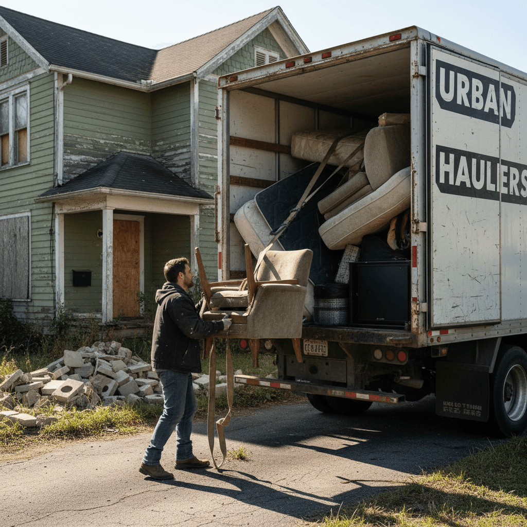 Worker loading old furniture and debris into a hauling truck