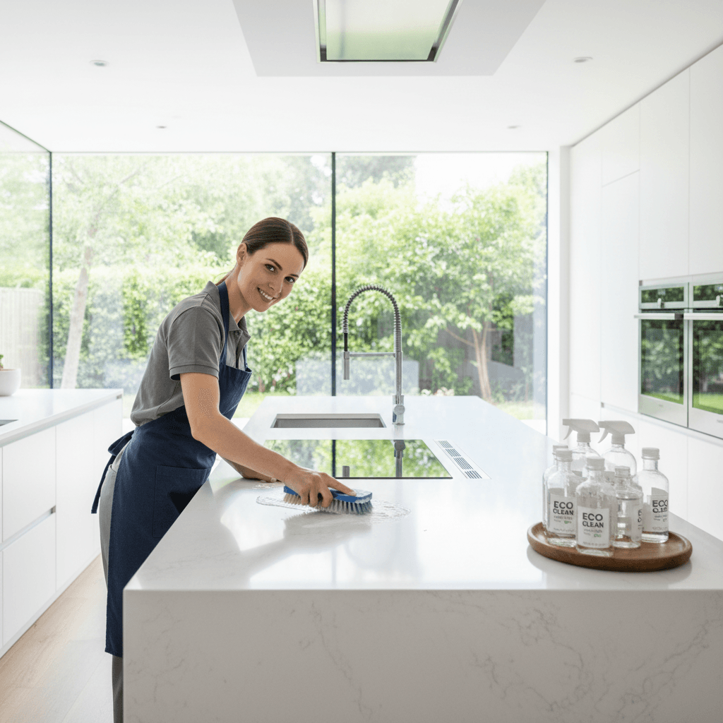 Professional cleaner wiping a kitchen counter in a bright home