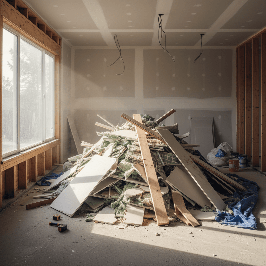 Construction debris pile with drywall and lumber