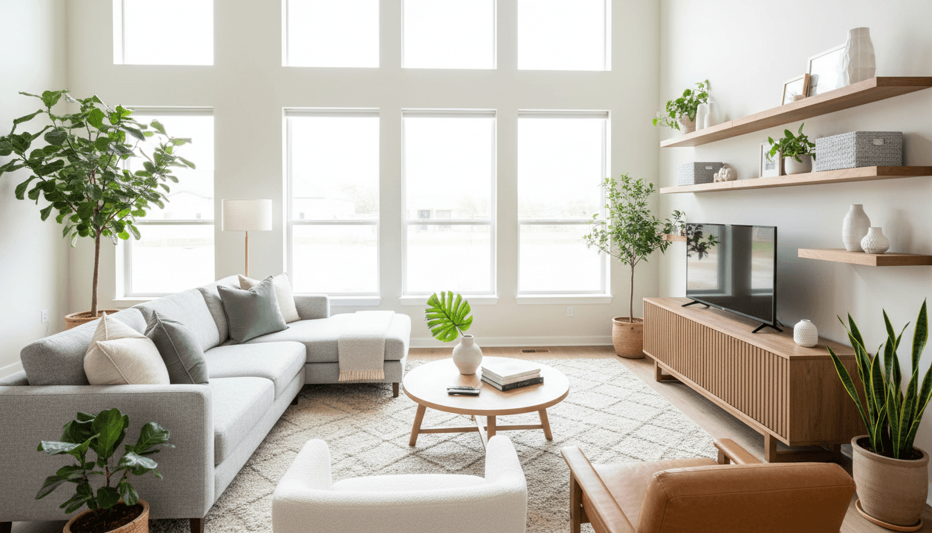 Bright, clean living room with modern furniture and large windows, ready for guests