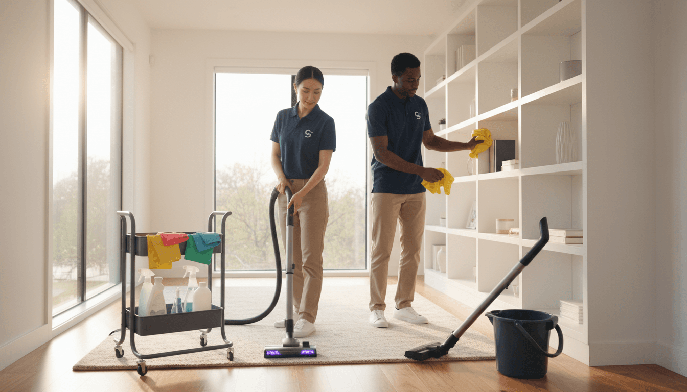 Professional cleaner holding supplies in a bright modern living room