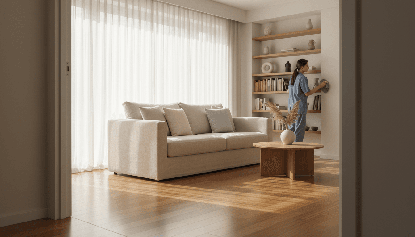 Freshly cleaned living room in a Redding rental, staged and ready for guests