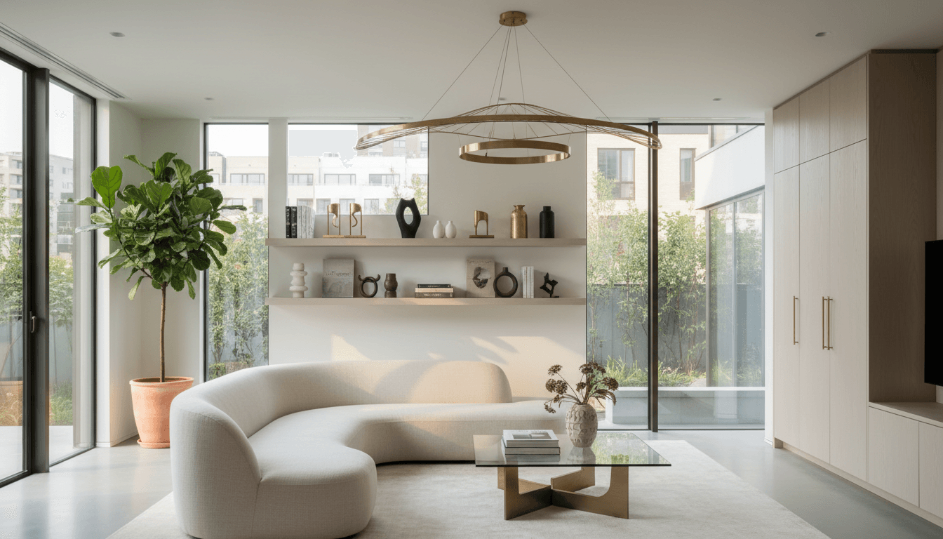 Bright modern living room with large windows and elegant furniture
