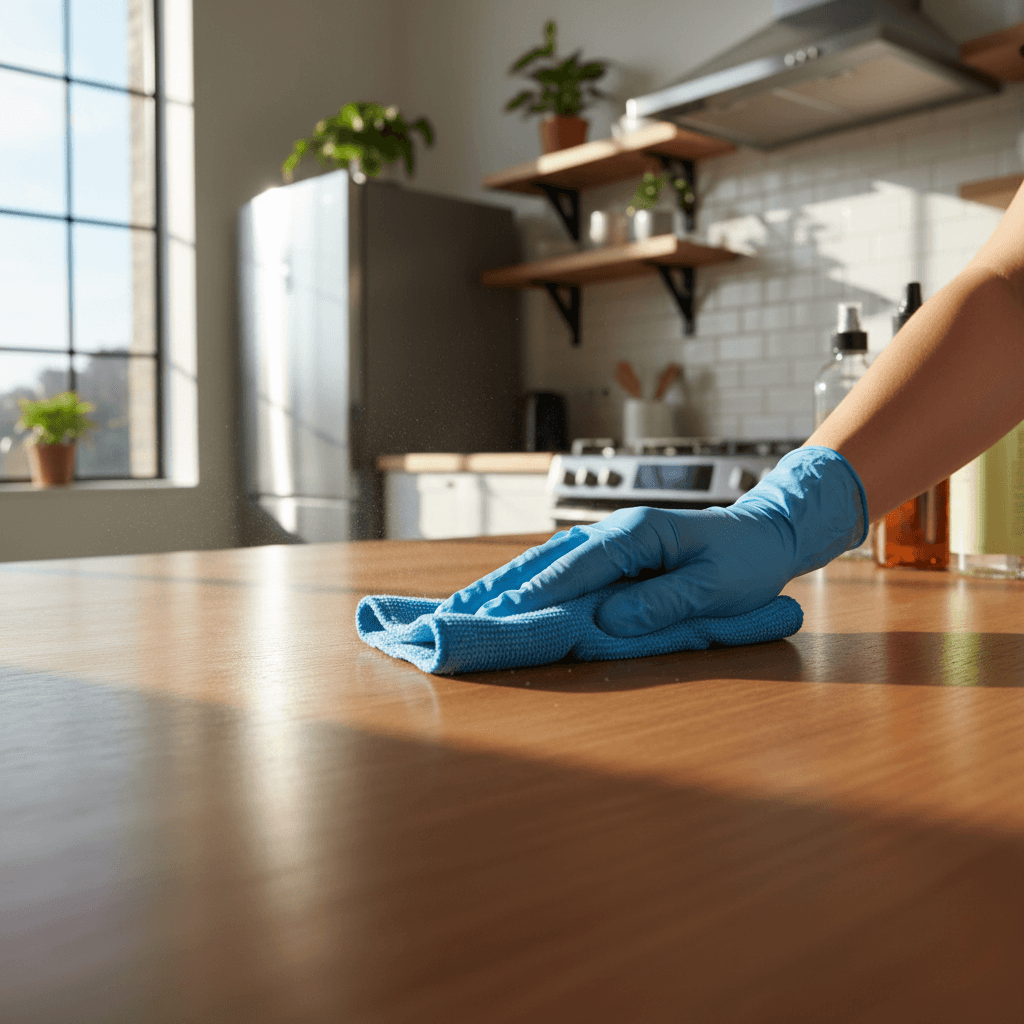 Professional cleaner wiping a kitchen counter in a bright, modern home